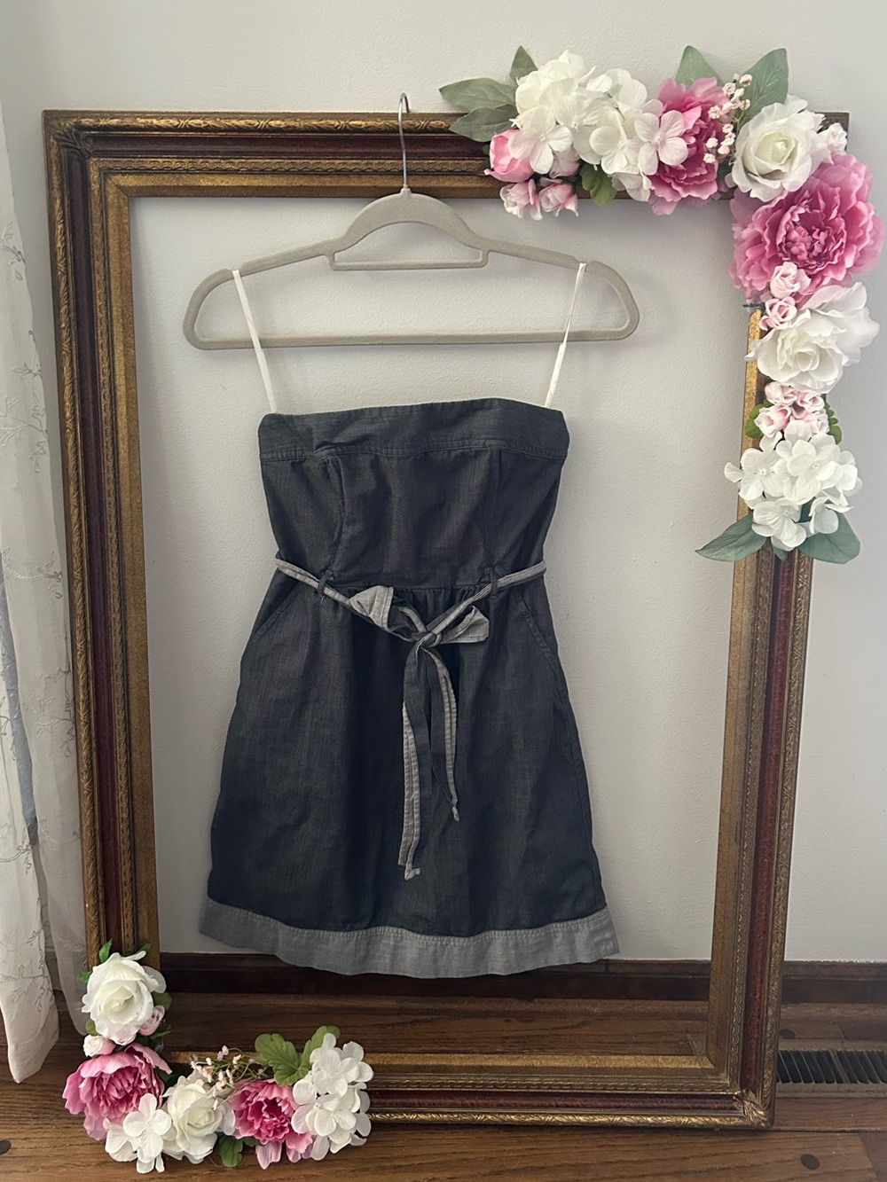 Banana Republic Strapless Dark Gray Chambray Dress with Tie Waist
